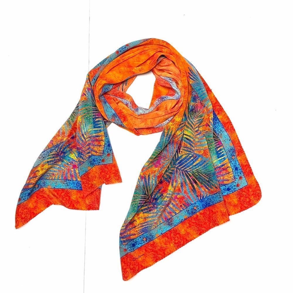 Christina Large Silk Oblong Scarf Wrap Orange Blue Tropical Print 20,5x74"